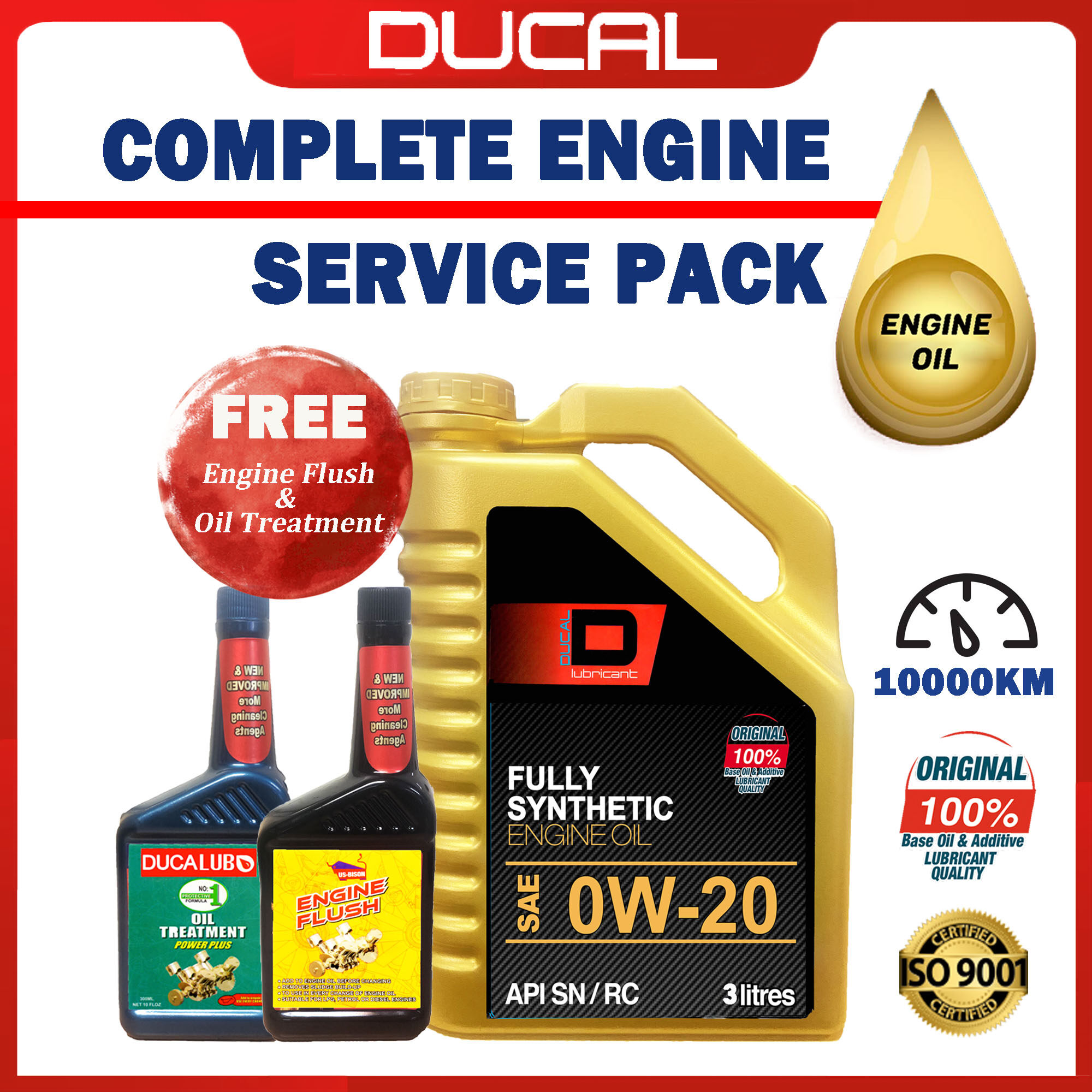DUCAL FULLY SYNTHETIC Engine Oil SAE 0W20 SN/RC 3 Litres FREE 1 PREMIUM ENGINE FLUSH & 1 OIL TREATMENT & FREE MILEAGE STICKER ~ COMPLETE SERVICE PACKAGE 0W20 3L MINYAK HITAM MINYAK ENJIN