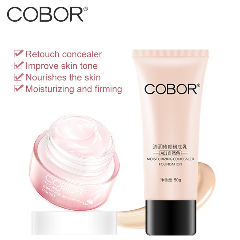 Gambar COBOR 2pcs set Flower Essence Repairing Cream Deep Nourishment Fades Wrinkles Firming and Lifting and Moisturizing Concealer Foundation Oil Control Waterproof and Sweat Resistant Natural Nude Makeup Effect