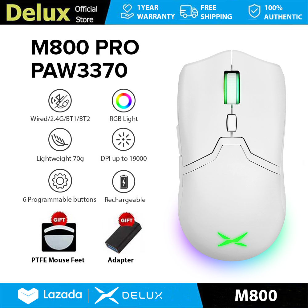 Delux M800 PRO Paw3370 Có Dây & Chuột chơi game không dây DPI Max 19000 Có Thể Sạc Lại 6 nút bấm có thể lập trình Với đèn RGB 70G Trọng Lượng Nhẹ Bluetooth 2.4G Không Dây Cho PC/Máy Tính Xách Tay/Windows/Mac Trắng