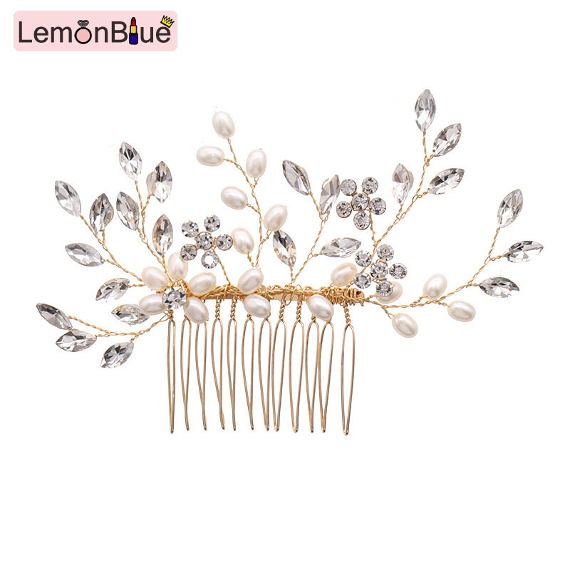 Gambar LemonBlue New Fashion Crystal Bridal Faux Pearl Hair Comb Rhinestone Handmade Flower White Wedding Bride Headwear