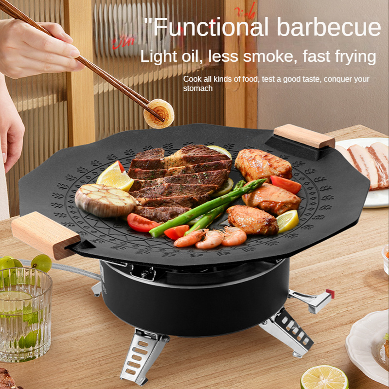 Gambar Korean Outdoor Portable Camping Barbecue Plate Maifan Stone Non stick Smokeless Grill Plate Induction Cooker Gas Dual purpose Barbecue Plate