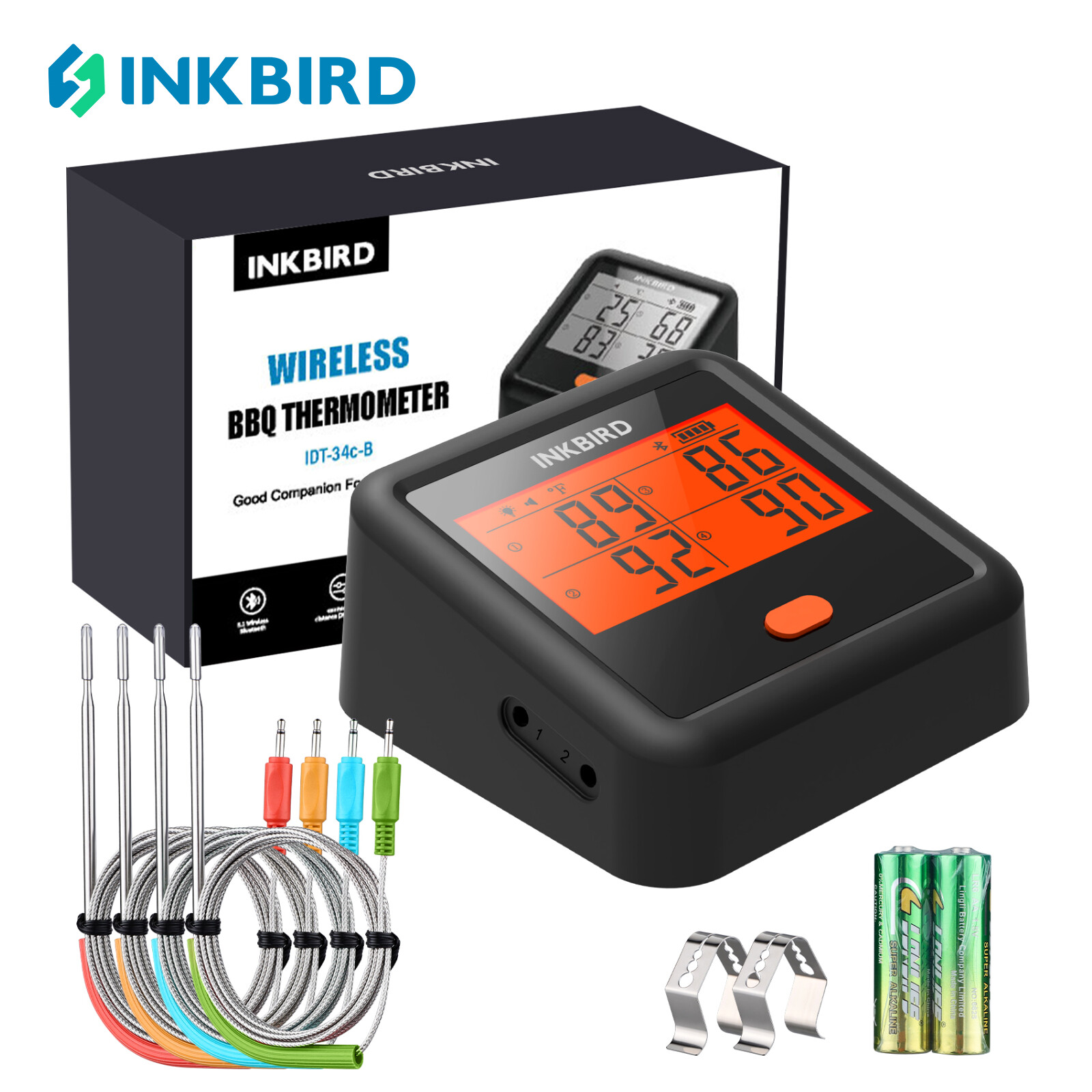 INKBIRD IDT-34c-B Bluetooth Nhiệt kế thịt cho nướng và hút thuốc, Nhiệt kế nướng với 4 thịt đầu dò LCD đèn nền miễn phí ứng dụng điều khiển nhiệt độ pre-báo động báo động nhiệt độ-S và hẹn giờ