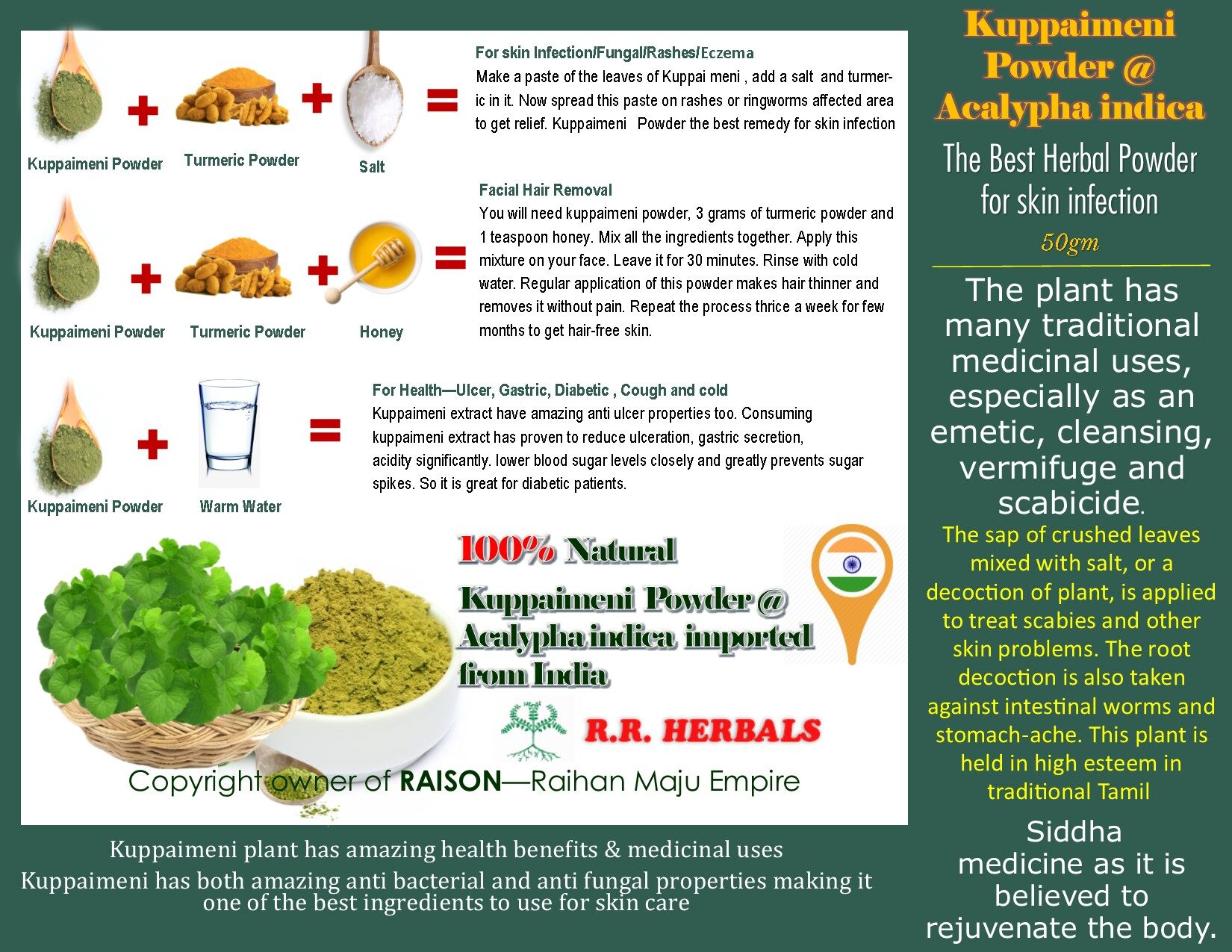 Kuppaimeni Powder /Haritamanjari/Acalypha indica The Best Herbal Powder for  skin infection 50gm | Lazada