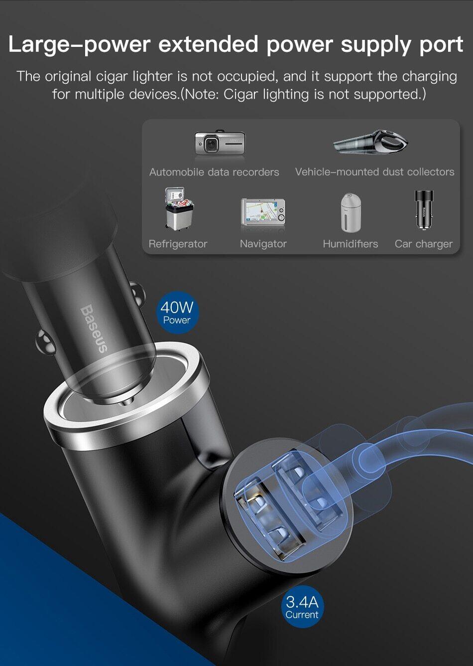 Baseus Dual USB Car Charger Cigarette Lighter Splitter Black CCALL-YX01 Skyle.lk