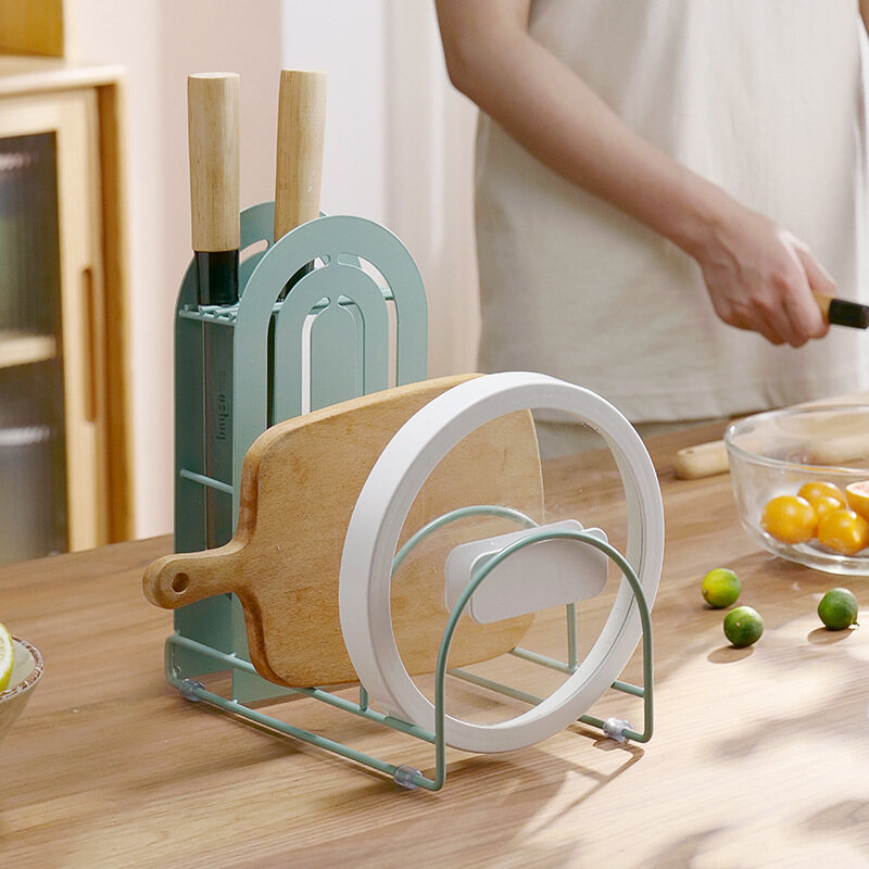 Gambar New Kitchen Rack Chopping Board Pot Cover Storage Rack Free Punching Multi function Kitchen Chopping Board Iron Rack
