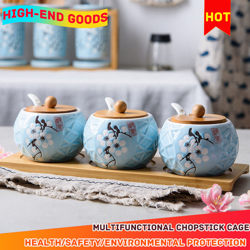 Gambar ?100% Quality Assurance?Ceramic Spoon Seasoning Jar Seasoning Jar Salt Jar MSG Chili Seasoning Box Oil Pot Oil Can Kitchen Supplies Restaurant