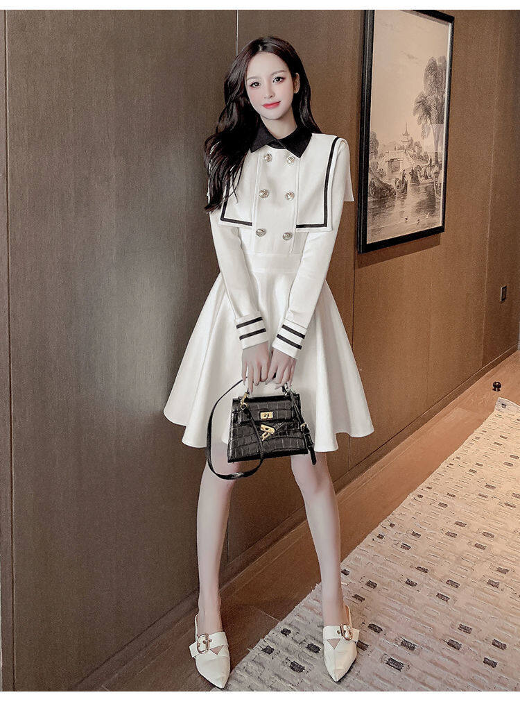 Navy style dress for women 2021 Spring and Autumn new small waist-tight temperament contrast color college style long sleeve A- line dress