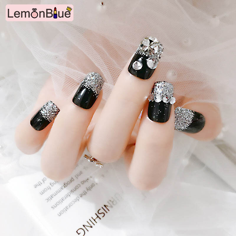 Gambar LemonBlue 24pcs Set Elegant Silver Glitter False Nails Rhinestone Black Square Head Long Acrylic Nail Art Tips Fake Nails