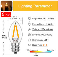 6 Packs C7  Edison Bulb Mini Candelabra LED Bulb Vintage 1W E12/E14 LED Filament Night Bulb Retro Warm White Dimmable Lamp Bulb for Christmas Home Decorative