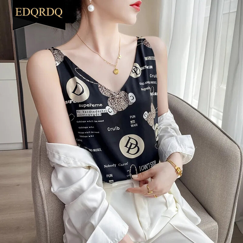 Edqrdq áo ba lỗ cho phụ nữ v cổ mùa hè lụa satin không tay in hoa áo cơ bản yếm trong áo sơ mi m-4xl