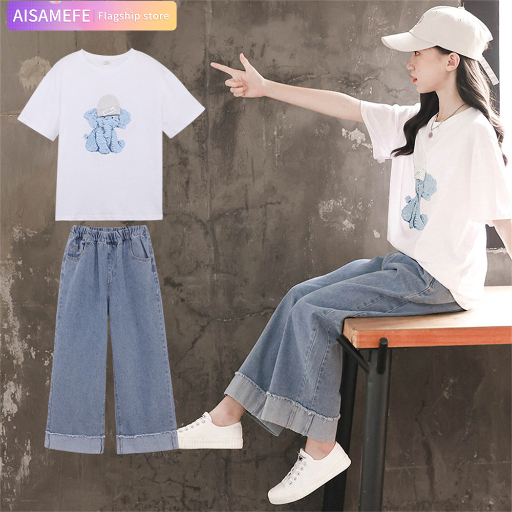 AISAMEFE 2022 New Korean Girls Teens Summer Clothes Pants Suits Casual Girls Elephant Cartoon Tshirt + Jeans Pants Set Cotton Sport 3-13 Years Girl Clothes ราคา 485 บาท*ส่งฟรี