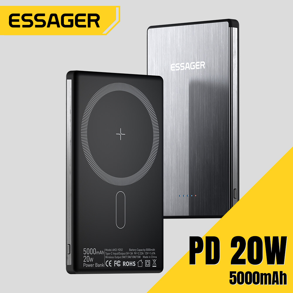 Essager sạc dự phòng Loại C Pd20w USB C 5000MAh Không Dây Sạc 15W Cho Điện Thoại Di Động iPhone Sams