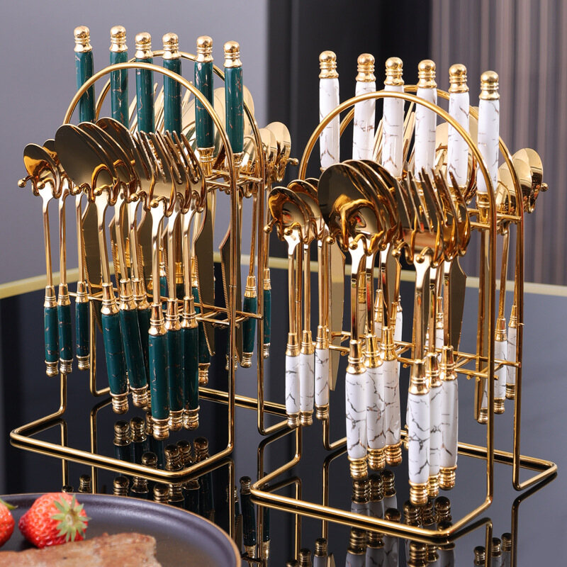 Gambar Stainless Steel Ceramic Handle Tableware 24 piece Gift Box Set Western Tableware  Fork and Spoon