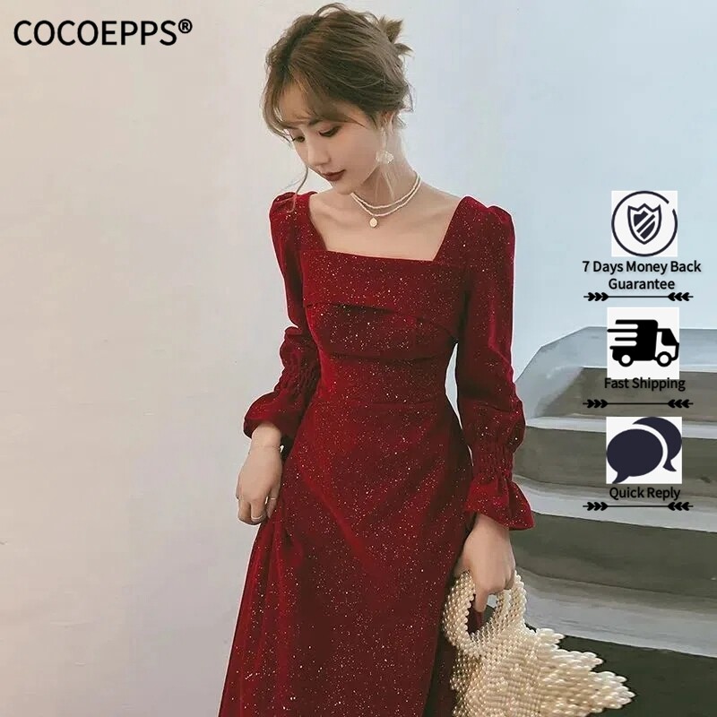 Cocoepps váy dạ tiệc mùa thu váy màu đỏ cho kiểu Pháp cho nữ dài tay phong cách cổ vuông A-line váy