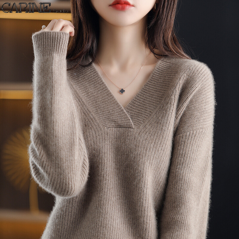 CARINE Áo len cho nữ áo chui đầu áo len cashmere Dài Tay Phong cách giản dị Hàn Quốc Áo len cổ chữ V dáng rộng co giãn