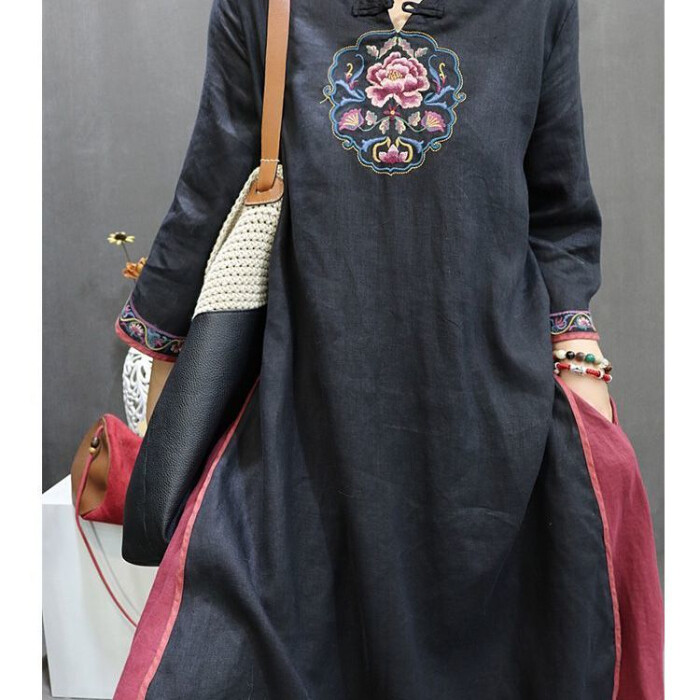 Luckin Váy Phong Cách Trung Quốc Váy lanh cotton cho hàng hiệu cho phụ nữ hoài cổ có nút áo thun mùa hè váy dân tộc 3/4 chiều dài trung bình váy Xường xám thêu nặng