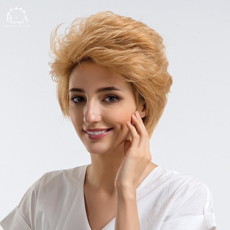 Gambar Women Blonde Curls Wig Synthetic Fiber High Temperature Cosplay Party Wigs Wig Synthetic Fiber Curly Heat Resistant Soft Smooth Natural Beautiful Breathable Women Lady