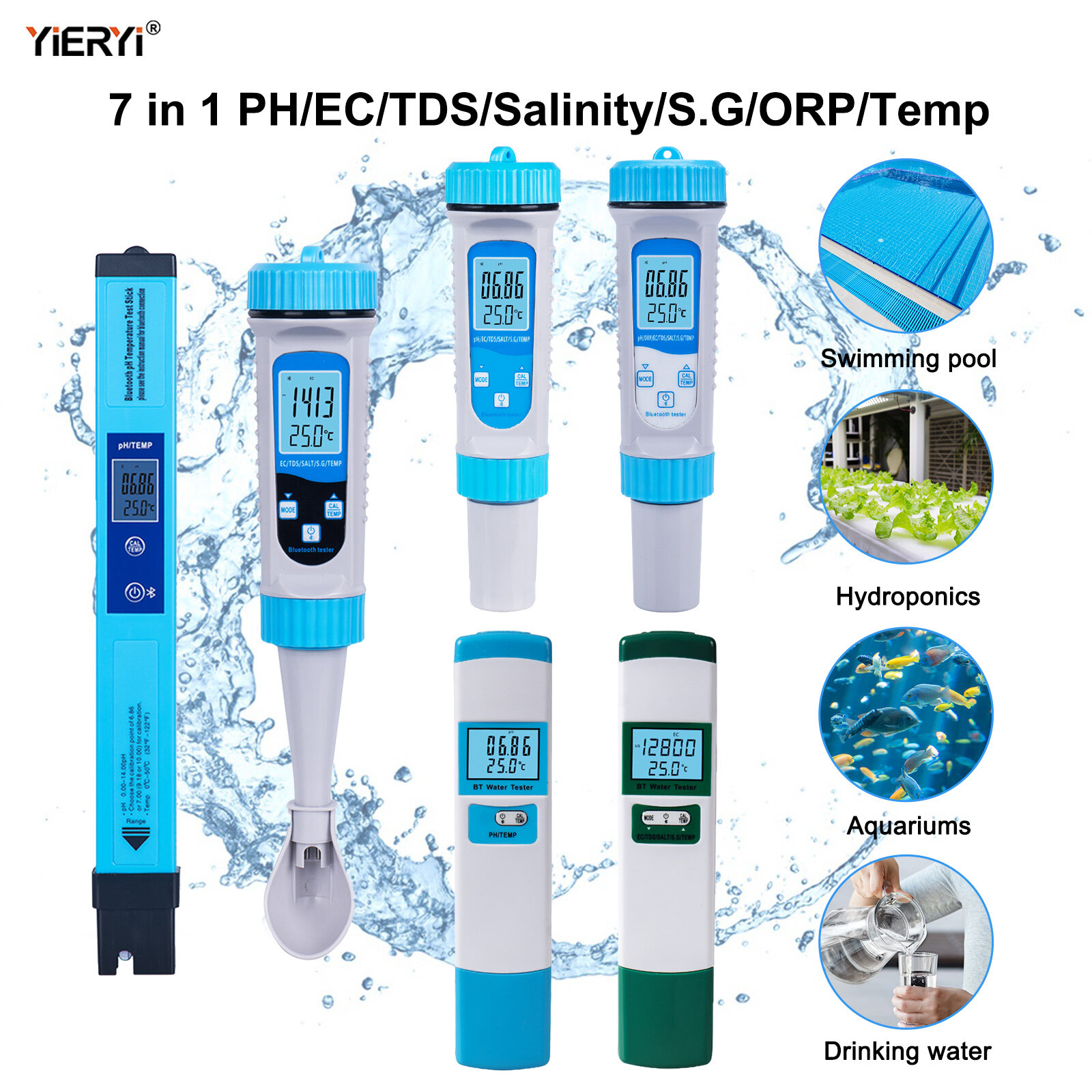 Đồng hồ đo Muối yieryi Bluetooth đồng hồ đo độ PH 7 trong 1 Ph/Ec/Tds/độ mặn/SG/ORP/Temp Máy kiểm tra chất lượng nước kỹ thuật số cho thủy canh, hồ cá, hồ bơi, nước uống