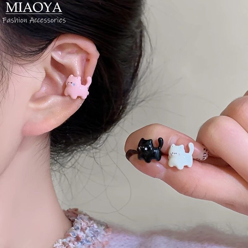 MIAOYA Thời trang Hàn Quốc Mèo hoạt hình Khuyên tai nữ Ins không có lỗ tai kiểu học sinh Dễ Thương món quà sinh nhật