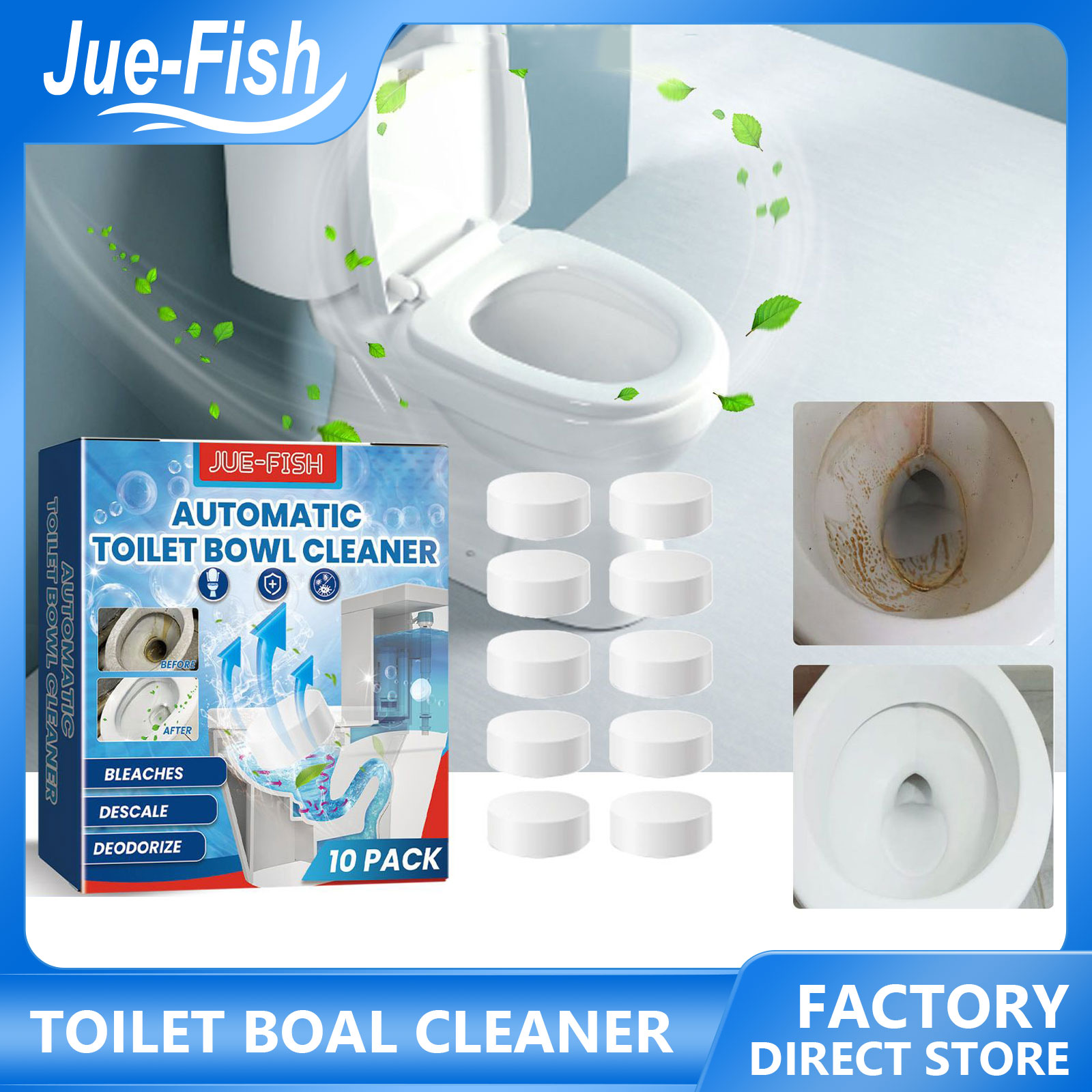 JUE-FISH Toilet Cleaning Tablets Flush Deodorizes Toilet Automatic Bleach Toilet Bowl Cleaner Stain Remover Tablet Flush Deodorizes Toilet Deodorant Pill Block Disposable Helper Fragrant Ball Stain Remover Magic Automatic Flush 10pcs ราคา 185 บาท*ส่งฟรี