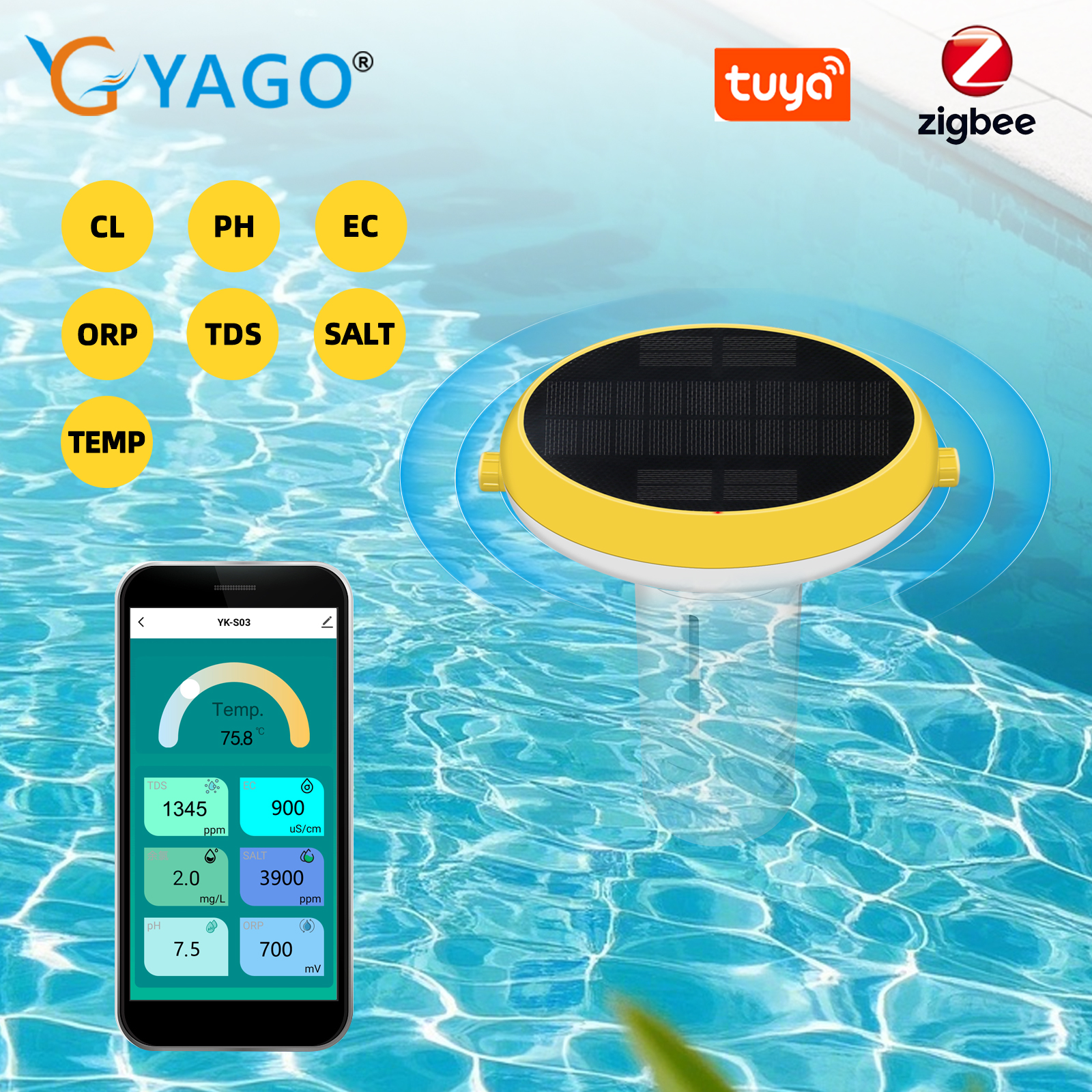 [Ready Stock] RCYAGO 7-in-1 Smart Solar Pool Monitor WiFi PH CL ORP Salt Tester Water Quality Detector for Swimming Pool ราคา 2,700 บาท*ส่งฟรี