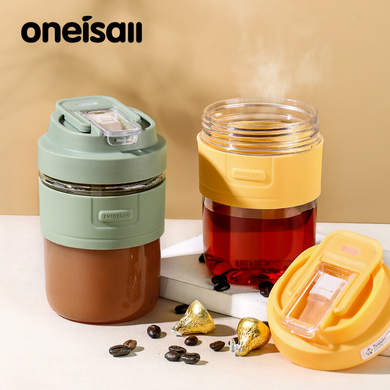 ONEISALL Coffee Mug Water Bottle 450ml Tumbler Cup With Straw & Lid