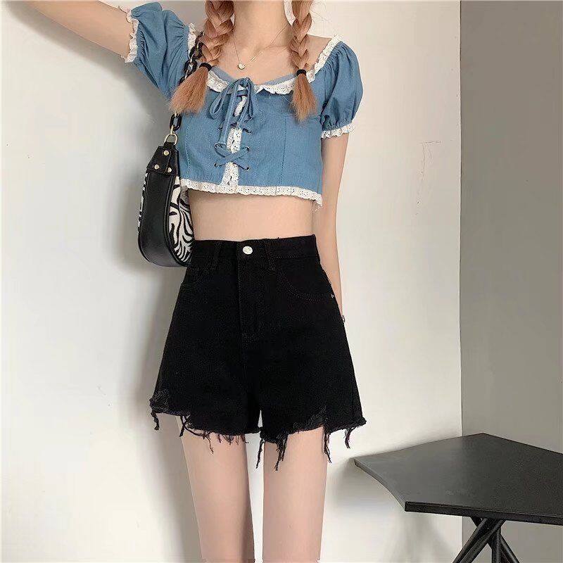 Large size denim shorts women's summer hot girl 2022 new thin loose and thin A-line raw edge black high waist hot pants