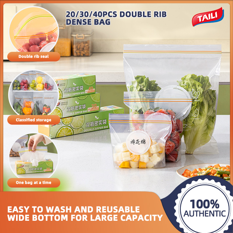 TAILI 20/30/40PCS food storage bag reusable food storage bag BPA-free double-ribbed dense bag food grade material for storing fruits, vegetables, meat snacks sandwich frozen heating food plastic wrap storage bag household refrigerator storage bag ราคา 156 บาท*ส่งฟรี