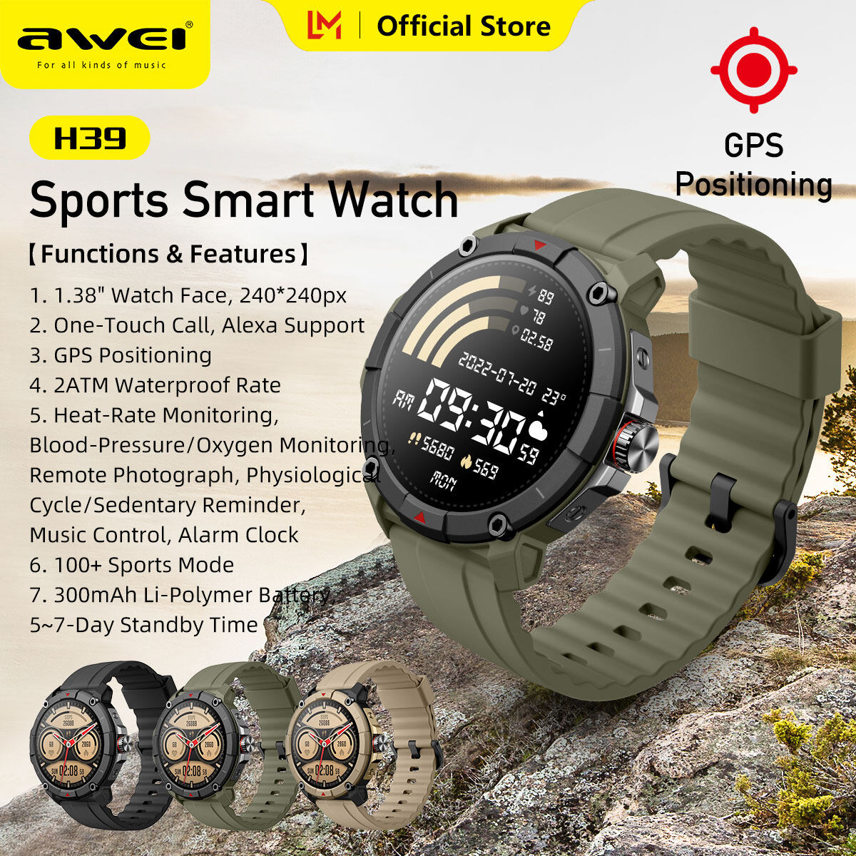Awei Smart watch GPS Waterproof rate 2ATM Multiple sport modes 1.38-inch screen smartwatch for men women ราคา 1,789 บาท*ส่งฟรี
