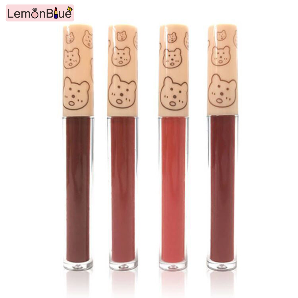 Gambar LemonBlue 4Pcs Velvet Lip Glaze Lip Gloss Liquid Lip Stick for Student Girls Women Longlasting Waterproof Cute Bear Print Matte Lip Makeup Portable Lipstick Set