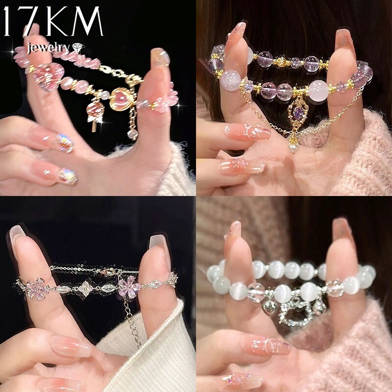 17KM Colorful Beads Bracelet for Women Crystal Pearl Heart Bell Orchid Bracelets Accessories Jewelry