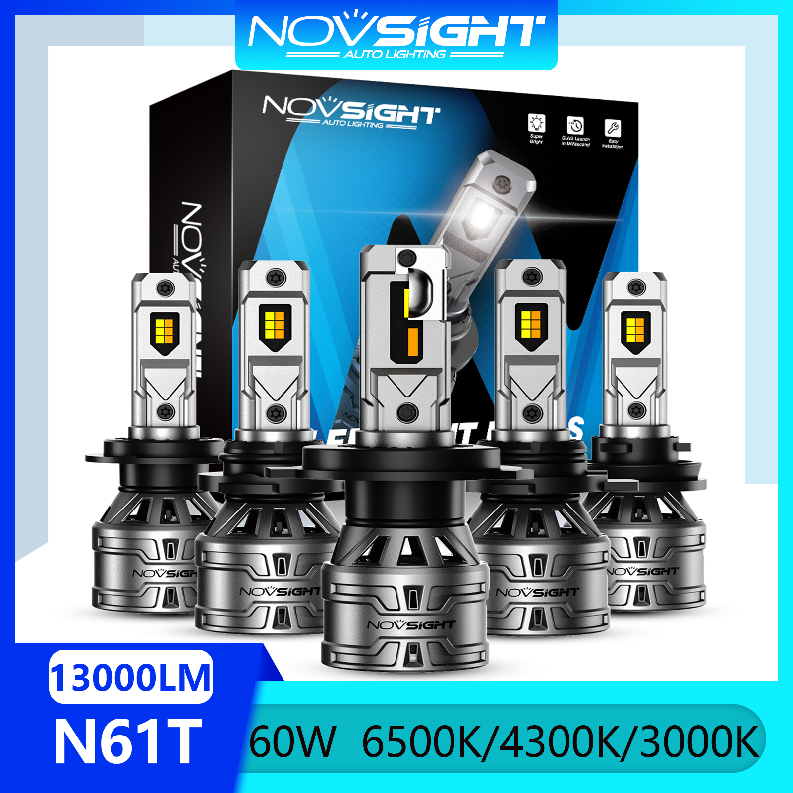 Novsight N61T LED Car Headlight 9005 9006 9012 H4 H7 H11 LED Headlight Bulb High/Low/Fog Light 6500K/4300K/3000K 60W 13000LM Plug&Play 2 PCS 2 Years Warranty Free Shipping