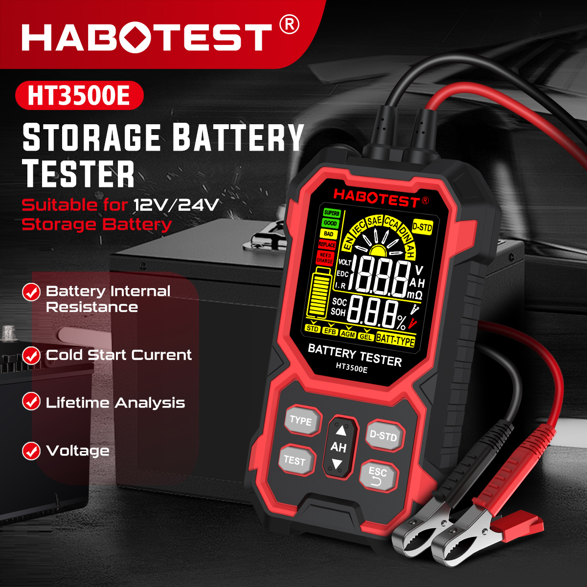 HABOTEST HT3500E 12V/24V Automobile Battery Tester EFB AGM Gel Standard Detection 0-1999CCA Automobile Voltmeter Battery Diagnostic Tester Giá 623,000 Đồng*Miễn phí vận chuyển