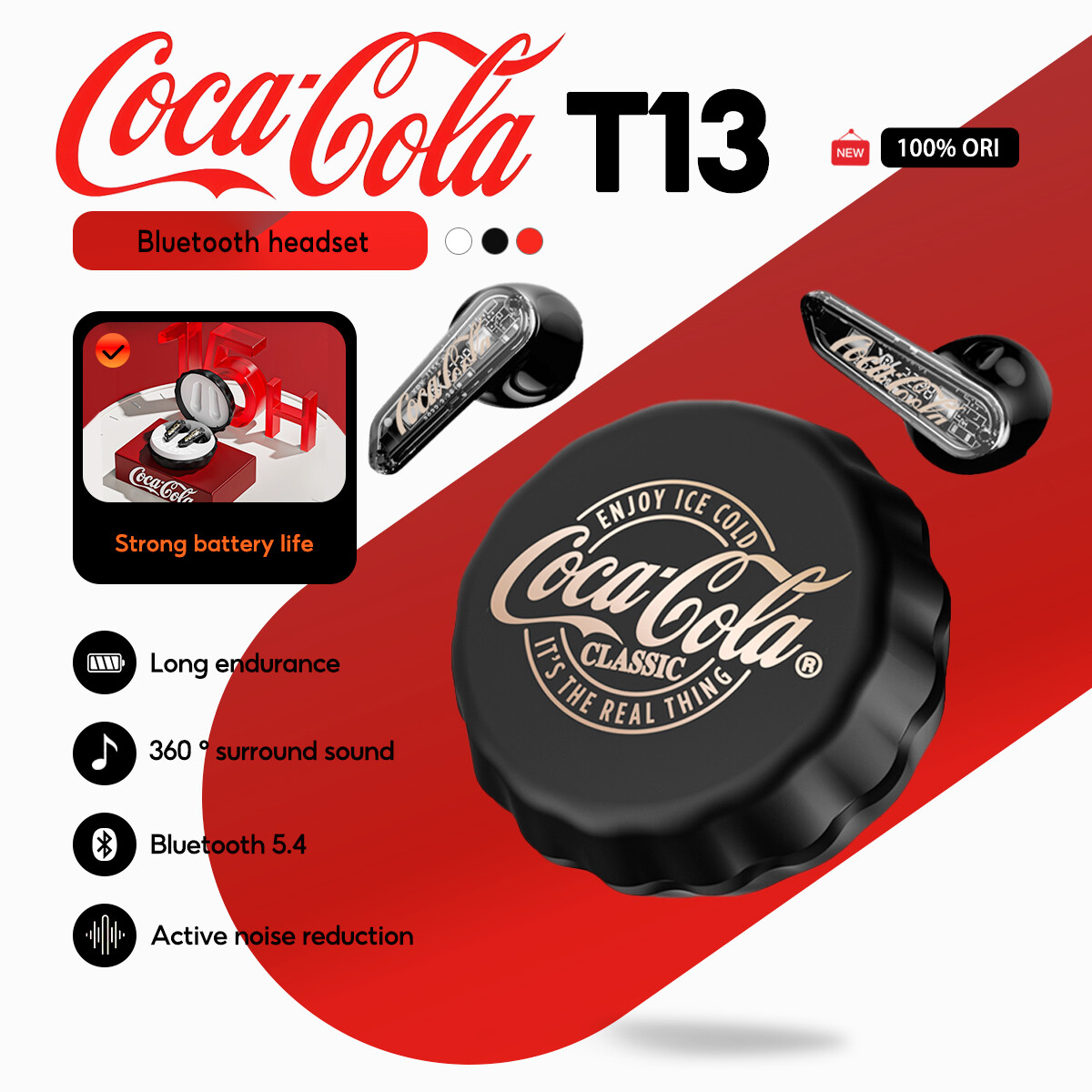  Coca-cola T13 đúng không dây tai nghe gắn tai Bluetooth bán trong tai thiết kế | màng loa điện động 13mm | enc khử tiếng ồn Bluetooth 5.4 | 15h pin dài cuộc sống | Điều khiển bằng cảm ứng | sạc nhanh Type-C 