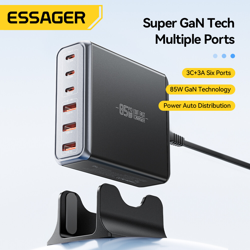  Essager 85W gan 3A + 3C Máy tính để bàn sạc pd3.1 qc4.0 USB Một loại C sạc nhanh sạc pd30w đa thiết bị sạc cho máy tính xách tay Máy tính bảng sạc nhanh sạc cho iphone17 16 15-8 loạt iPad macbook Huawei Xiaomi Samsung USB-A bộ sạc gan Loại C 