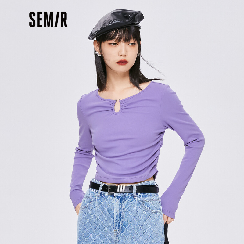 Semir áo thun dài tay áo thun nữ dáng ôm mới đầu thu 2022 thiết kế xếp li ngắn áo thun xương đòn phong cách bm