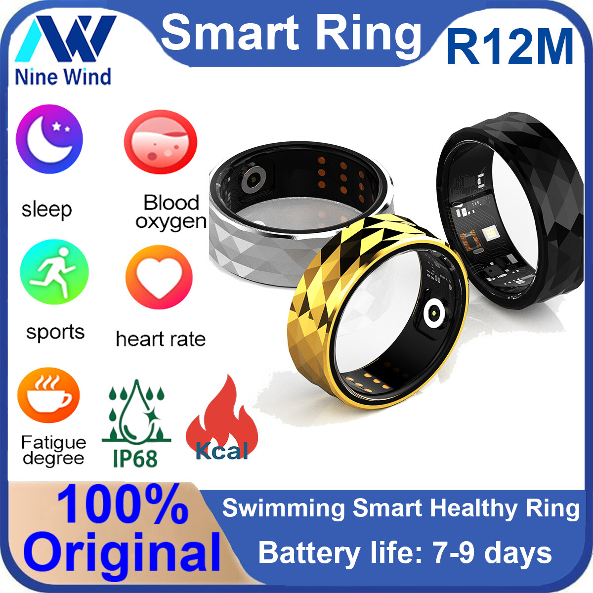 NineWind R12M smart ring real-time monitoring of heart rate, sleep, health monitoring, blood oxygen, waterproof, sports, pedometer, fashion couple ring ราคา 1,105 บาท*ส่งฟรี