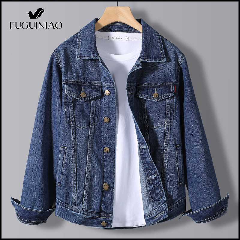 Fuguiniao áo khoác denim mới cho nam áo khoác thời trang cỡ lớn rộng vai rộng cổ điển áo khoác denim mỏng