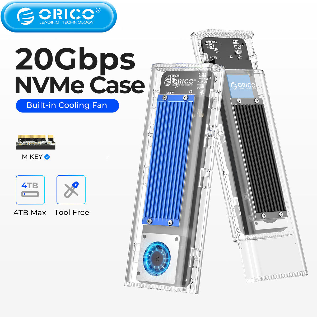 ORICO 20Gbps M.2 NVME SSD Case Enclosure with Cooling Fan USB 3.2 Gen 2 x 2 PCIE NVME Adapter Tool Free 4TB for PCIe M Key ราคา 1,185 บาท*ส่งฟรี