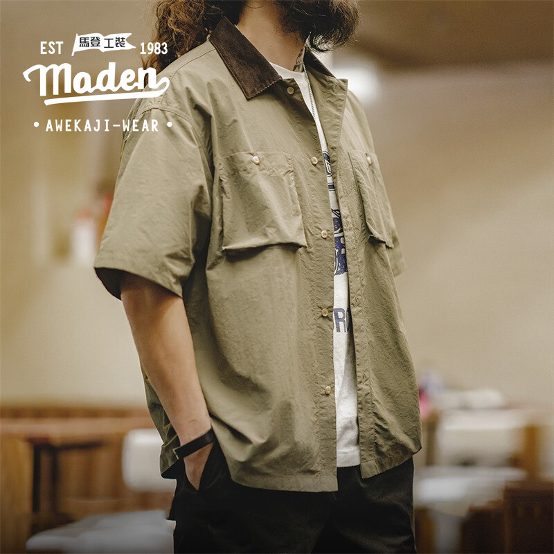 MADEN brand workwear style men youth 2024 summer new American retro waterproof thin short sleeved shirt outdoor loose half sleeve pocket tough guy style shirt