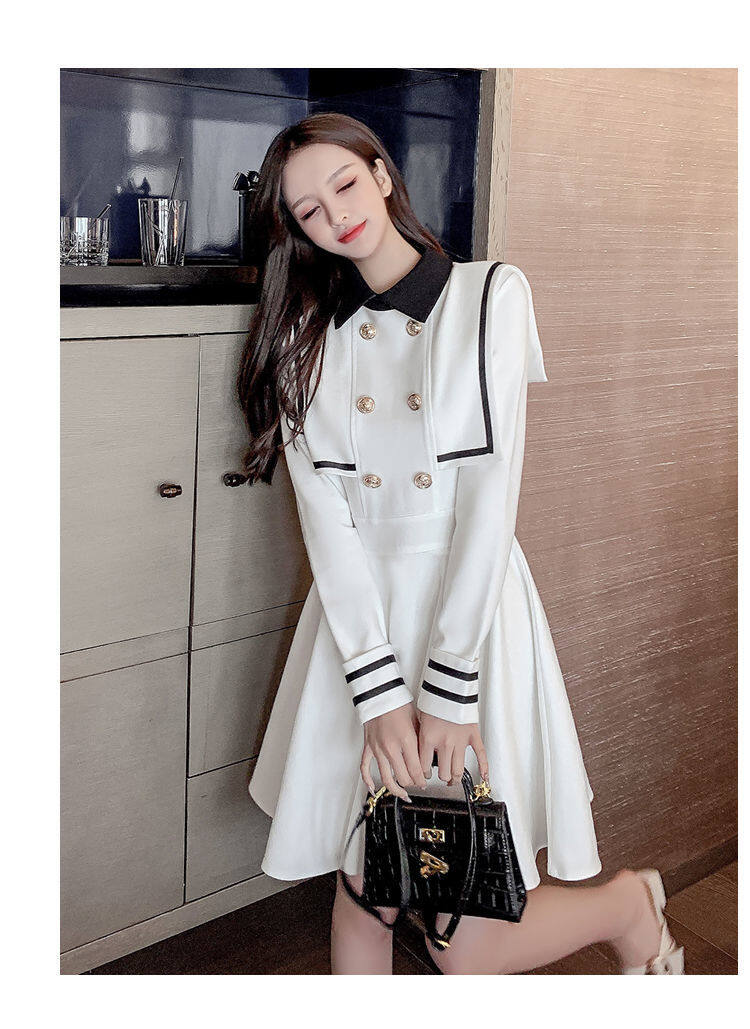 Navy style dress for women 2021 Spring and Autumn new small waist-tight temperament contrast color college style long sleeve A- line dress