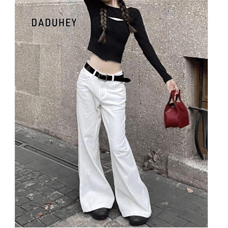 Daduhey Trắng Skinny Jeans Giản Dị Mỹ eo cao dáng ôm co giãn lau Chuông-Quần Đáy Cho Phụ Nữ