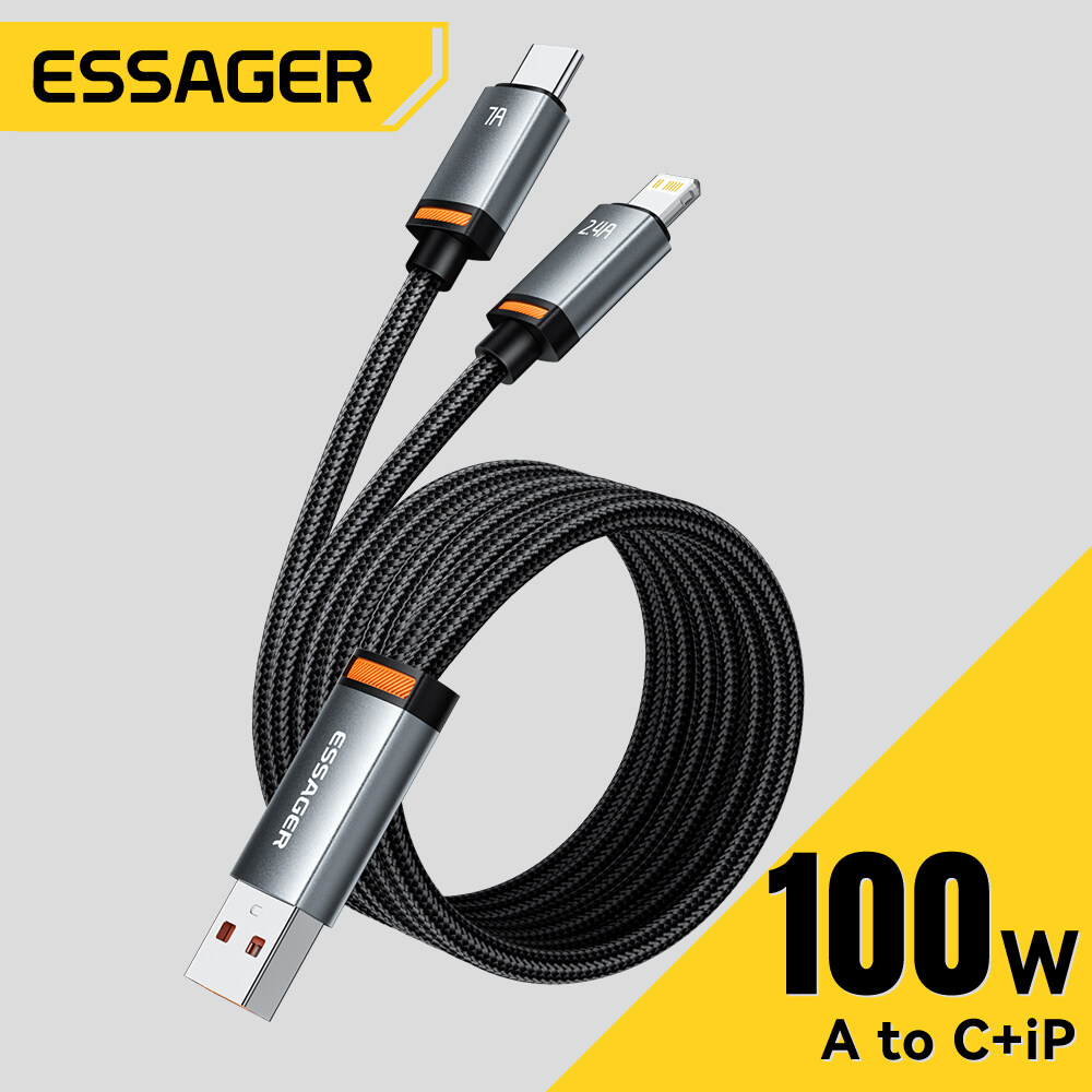 Essager 2-in-1 7A 100W USB A để Loại C + Cáp Lightning xe dài dây cho iphone16 15 14-6 loạt huaweima