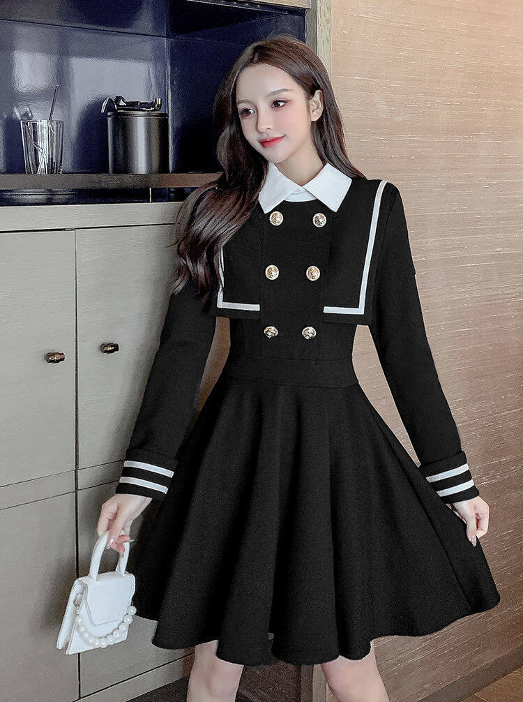 Navy style dress for women 2021 Spring and Autumn new small waist-tight temperament contrast color college style long sleeve A- line dress