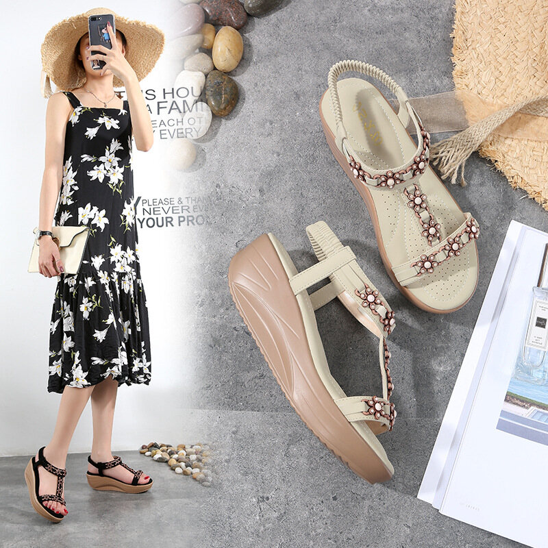 Siêu Mềm Mại Các Nền Tảng Nữ Đế Xuồng Cột Dây Giày Sandal Hoa Nam Nữ Đi Biển Văn Phòng Cao Cấp Cao Cấp Dày Gót