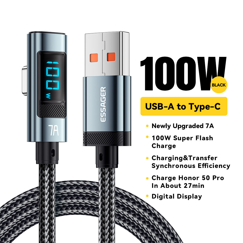 Essager Pd 100W 7A loại USB C Cáp Khuỷu Tay Hiển Thị Nhanh Chóng Sạc USB C Uốn Cong Dữ Liệu cáp cho 