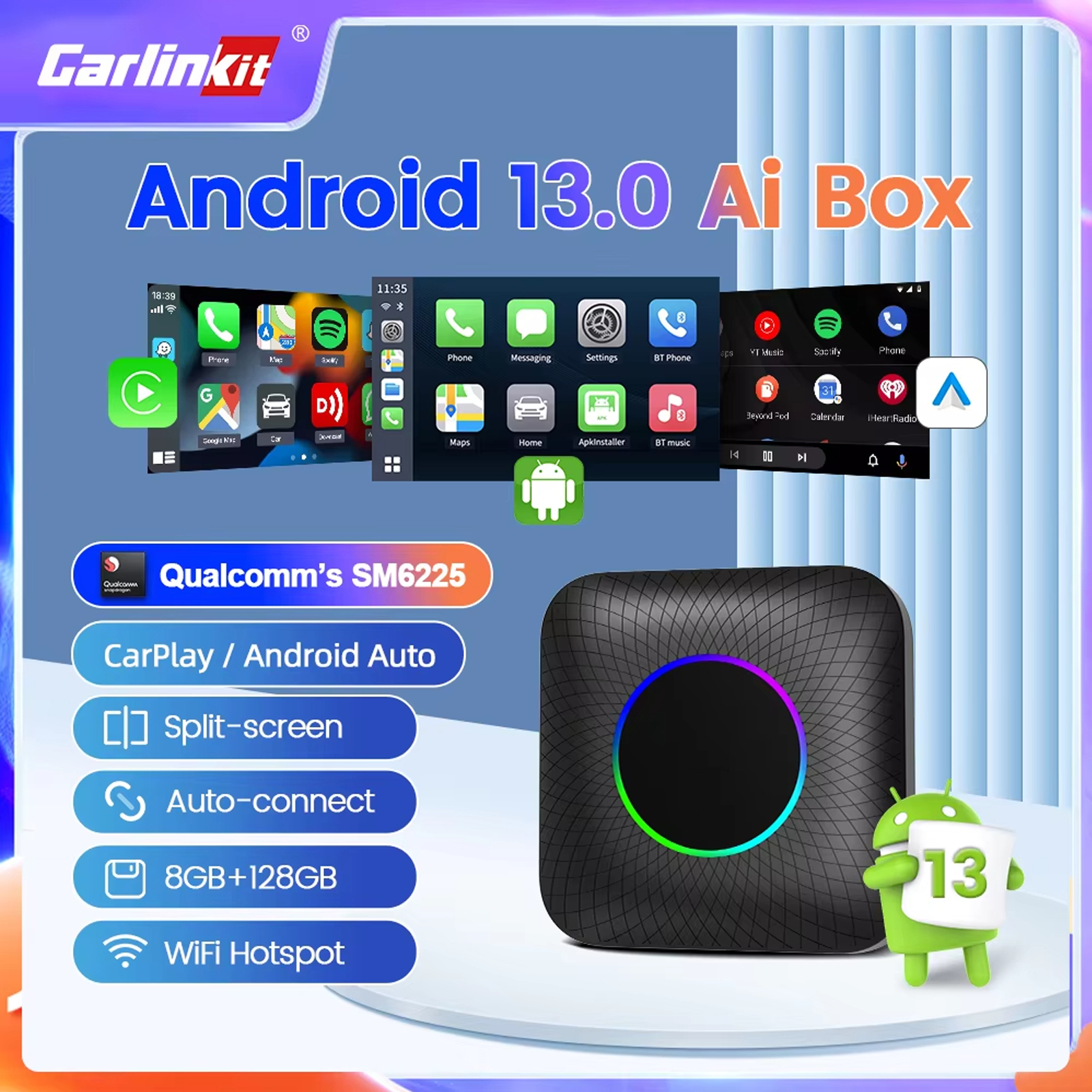 CarlinKit TBOX LED CarPlay AI Box Android 13 Wireless CarPlay Android Auto Qualcomm QCM6225 Dual Bluetooth 8-Core GPS 4G Wifi ราคา 4,318 บาท*ส่งฟรี