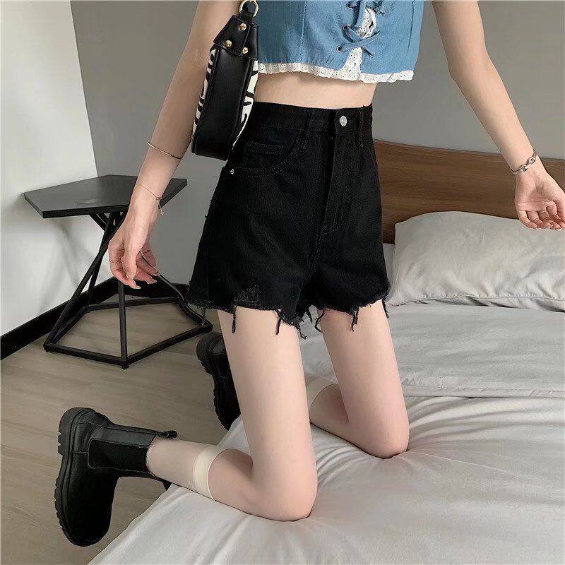 Large size denim shorts women's summer hot girl 2022 new thin loose and thin A-line raw edge black high waist hot pants