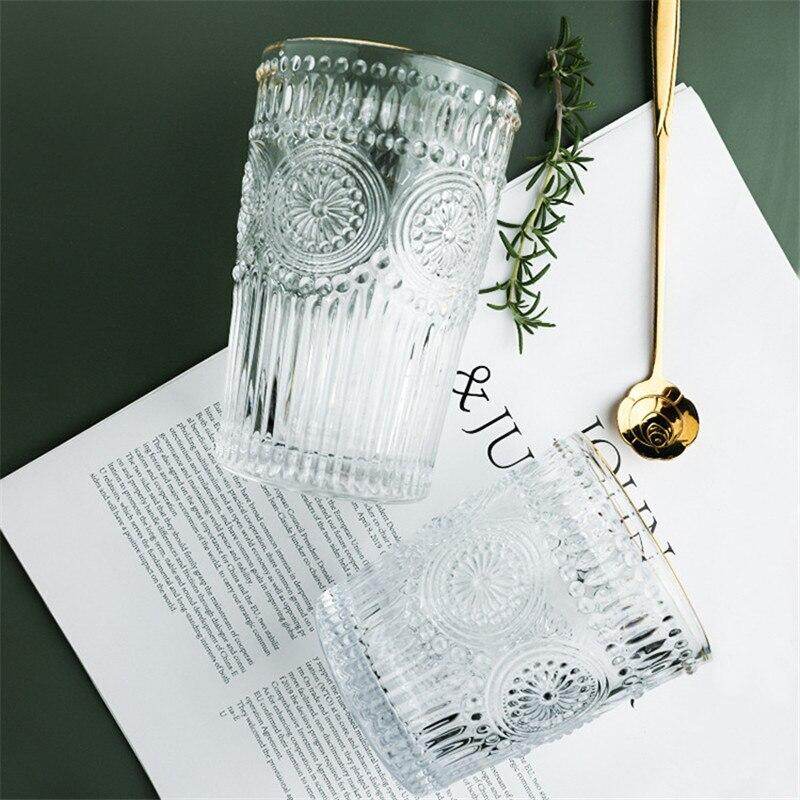 Gambar Engraving Flowers Glass Mug Transparent Crystal Coffee Tea Cup Wine Glass Gold Pringting Heat Resistant Household Drinkware