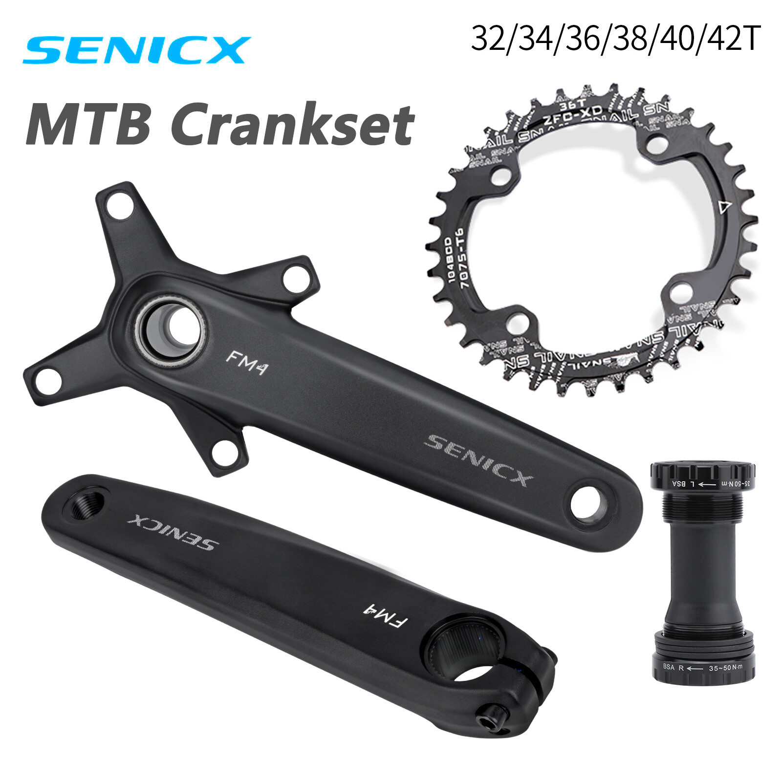 Senicx FM4 xe đạp leo núi Hollow cranks 34T 36t 38T 170mm crankset Kit 104bcd chainrings cao sức mạnh Hợp kim nhôm giò đĩa Tương thích với 8 9 10 11 12 tốc độ